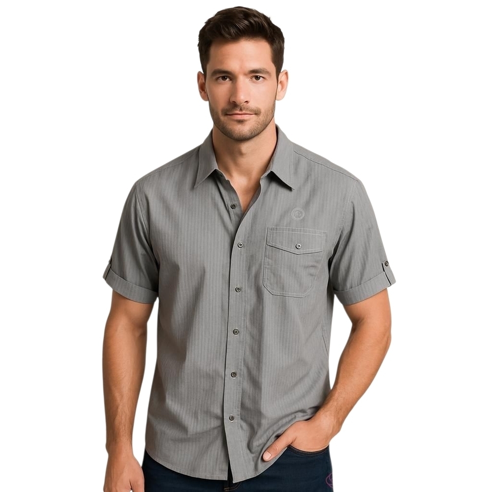 AMERICAN Rag Men's Short Sleeve Pinstripe Gray Button Down Shirt Size XL Cotton